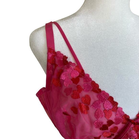 Love Vera 42C Embroidered Heart Strappy Underwire Mesh Bra Balconette Pink Red - Picture 5 of 16